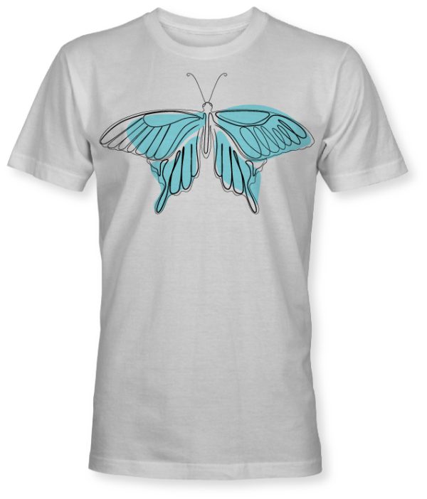 White short sleeve t-shirt with a single line art butterfly on the front.