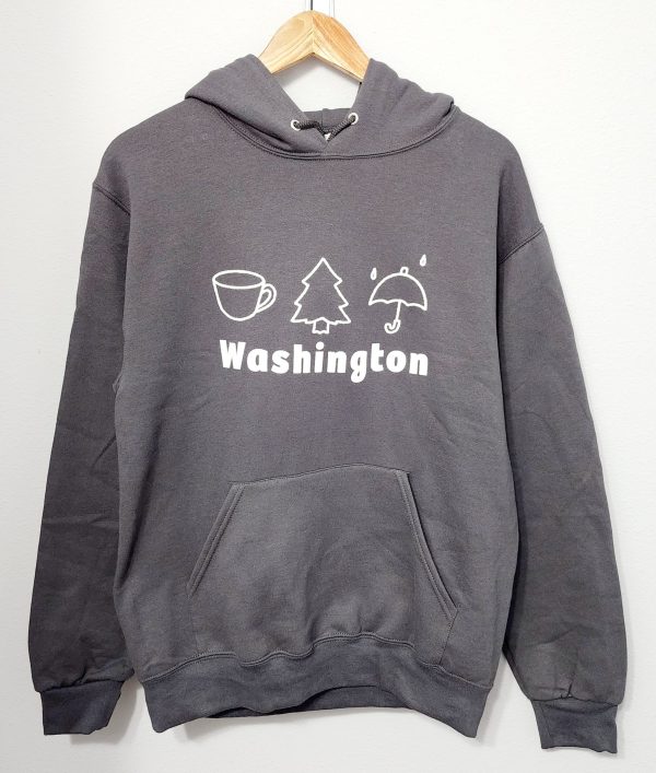 Dark Grey Hoodie with symbolic icons representing WA state