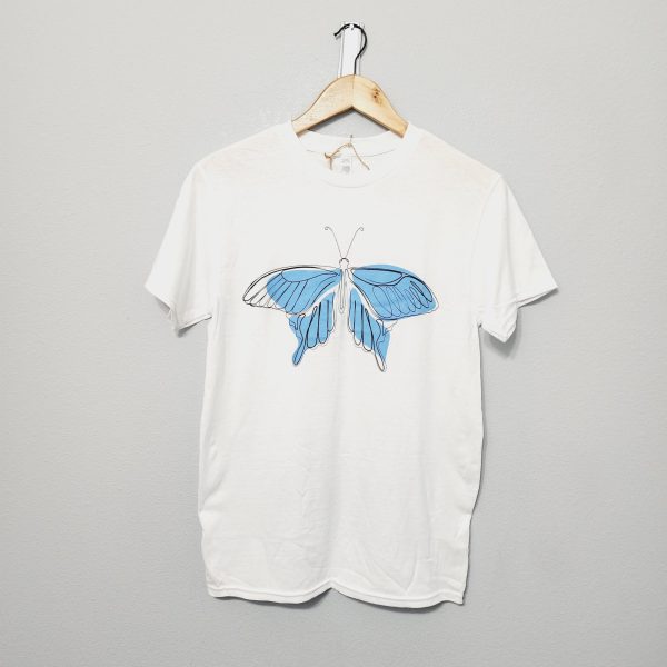 White short sleeve t-shirt with a single line art butterfly on the front.