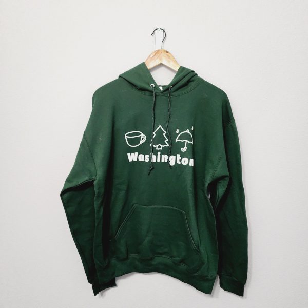 Green Hoodie with symbolic icons representing WA state