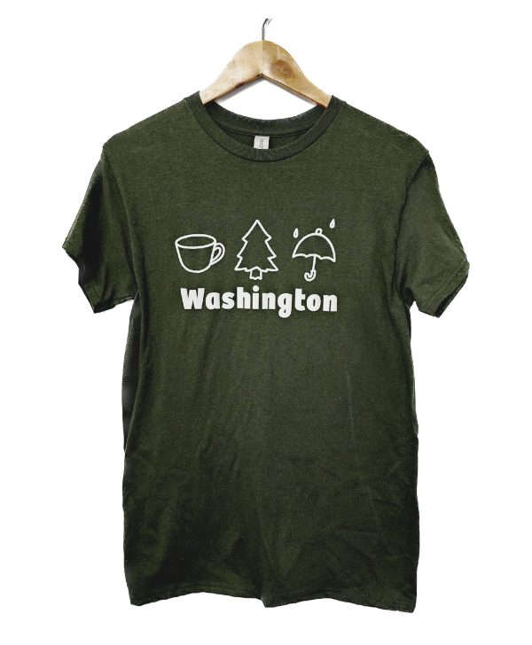 Short sleeve green Tee with symbolic icons of WA state.