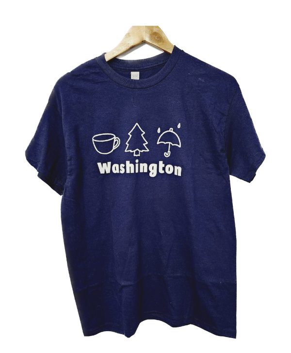 Short sleeve blue Tee with symbolic icons of WA state.