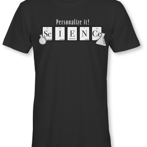 Elements that spell out "Science" on a short sleeve black tee