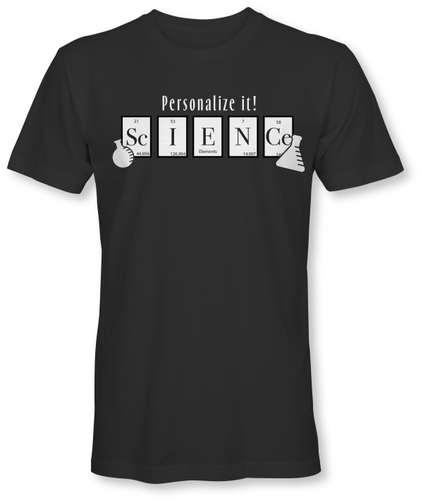 Elements that spell out "Science" on a short sleeve black tee